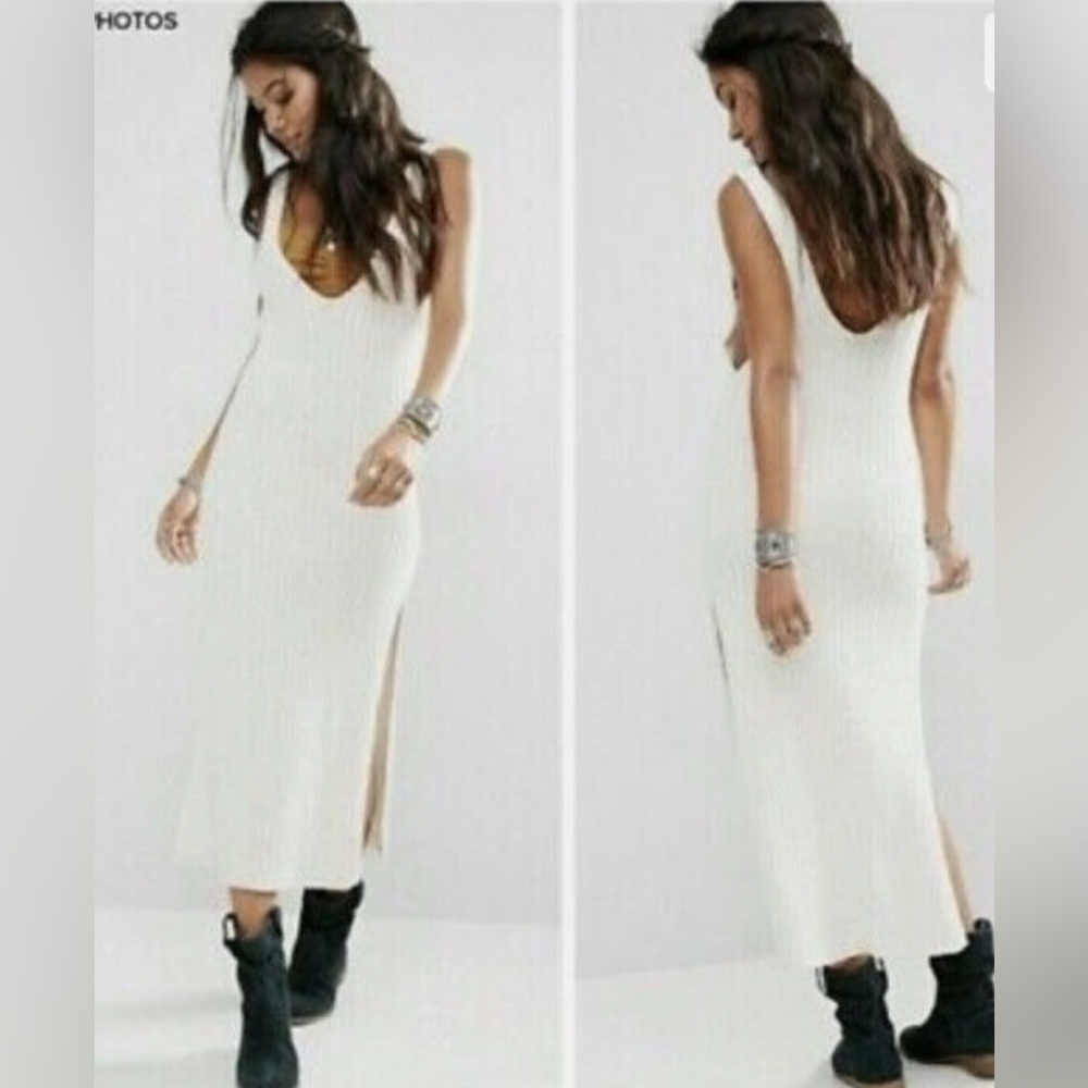 Free People BLACK Emmy Ribbed Midi Cotton dress large in graphite